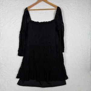Unknown Brand Lace Mini Dress Womens Black Square Neck Long Sleeve Tiered Ruffle